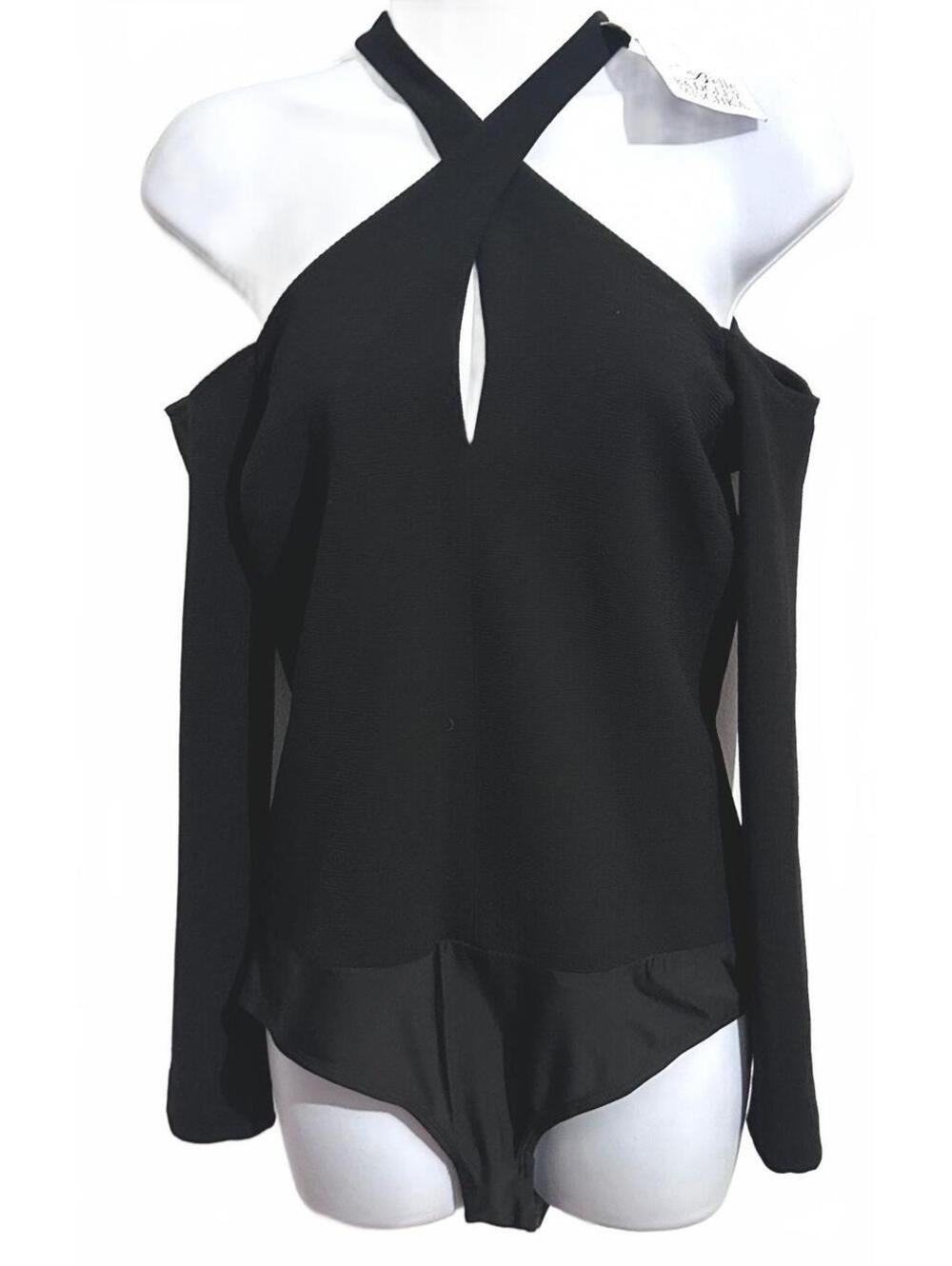 Belle by Badgley Mischka Black Cold Shoulder High Neck Bodysuit Size 4 - Picture 3 of 9